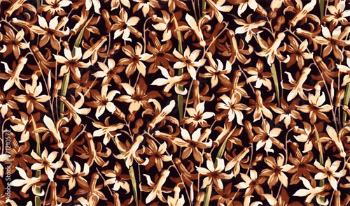 Pattern of stylized brown, beige, and white flowers on a dark background, creating a vintage-inspired floral design. photo