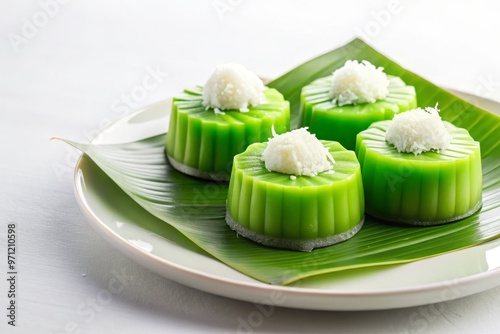 Steamed Kuih Serimuka cake, topped with a delicate layer of pandan-infused coconut milk, sitting alone on a spotless white background, emphasizing its subtle, yet vibrant green color. photo