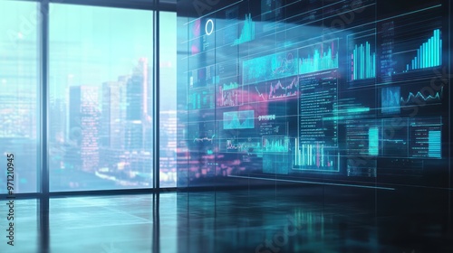 Wallpaper Mural A futuristic office space with digital data displays and a city view. Torontodigital.ca