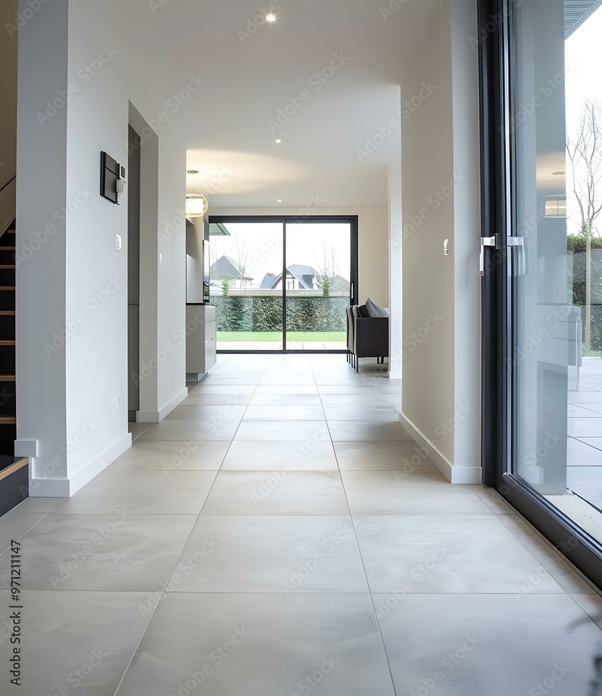 Modern Minimalist House Interior With Tile Floor And Large Windows