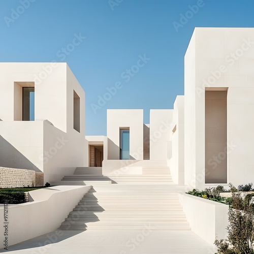 Modern White Architecture with Staircase and Windows