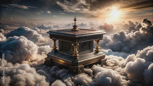 Ornate golden altar floating above the clouds in the sky