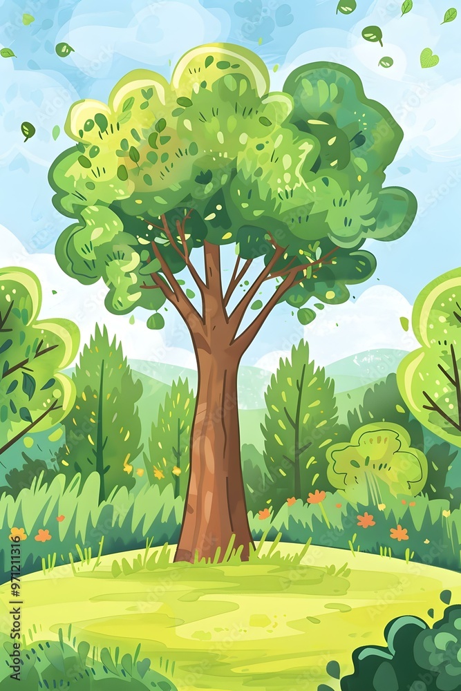Fototapeta premium Green Forest With Large Tree Illustration