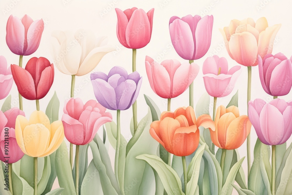 A vibrant collection of colorful tulips blooming beautifully in a garden, showcasing nature's delicate artistry and spring charm. A vibrant collection of colorful tulips blooming beautifully in a garden, showcasing nature's delicate artistry and spring charm.