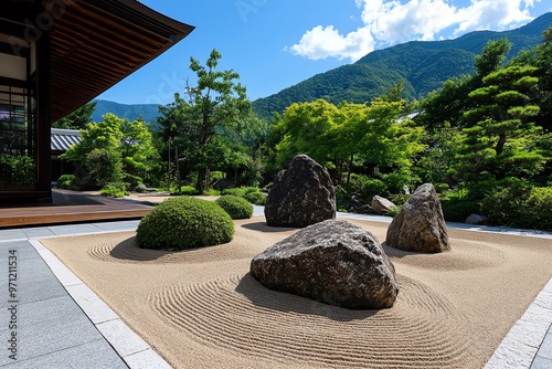 A Zen garden filled with carefully raked sand and strategically placed rocks, promoting tranquility and mindfulness photo