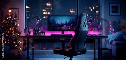 A Cozy Gaming Room Decorated for Christmas with Lights, Tree, and a Stunning Winter Landscape Screen. Christmas Gamer Concept photo