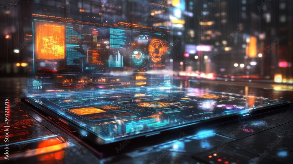A futuristic holographic interface displaying data in a vibrant cityscape. A futuristic holographic interface displaying data in a vibrant cityscape.