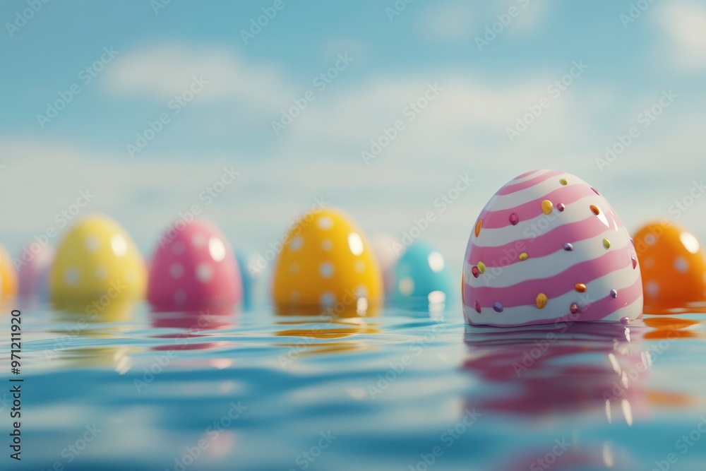 Fototapeta premium Colorful easter eggs floating in water. 3d render illustration with generative ai