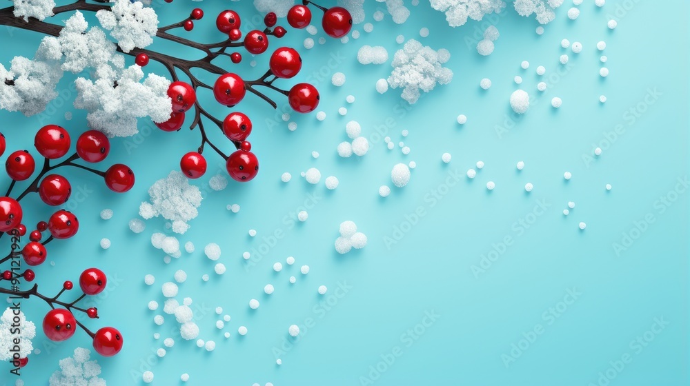 A vibrant arrangement of red berries and white snow-like decorations against a light blue background, evoking a festive atmosphere. A vibrant arrangement of red berries and white snow-like decorations against a light blue background, evoking a festive atmosphere.