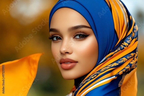 A beautiful lady wearing a hijab, her modesty and grace highlighted by the vibrant colors of her scarf photo