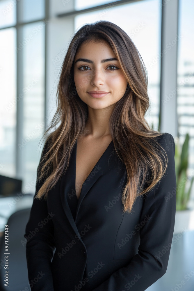 A Hispanic businesswoman in her late 20s, standing confidently in a corporate office, looking directly at the camera with a slight smile. The modern office is bright and open, with a view of the city A Hispanic businesswoman in her late 20s, standing confidently in a corporate office, looking directly at the camera with a slight smile. The modern office is bright and open, with a view of the city