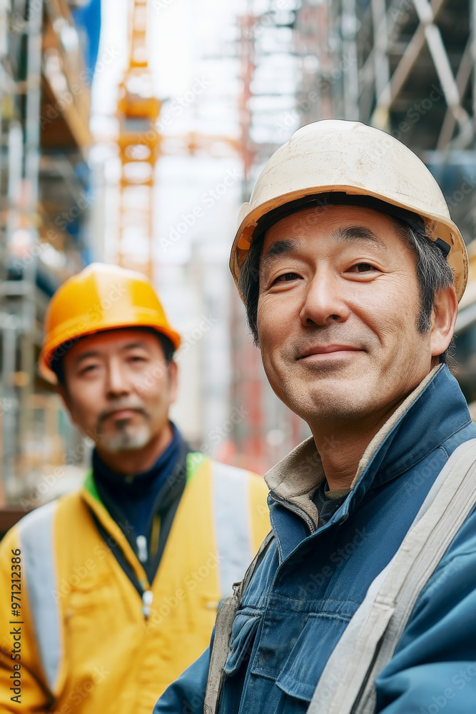 A Japanese building contractor and a worker, both looking pleased and confident, standing at a busy construction site. The background features scaffolding, cranes, and workers in the distance. A Japanese building contractor and a worker, both looking pleased and confident, standing at a busy construction site. The background features scaffolding, cranes, and workers in the distance.