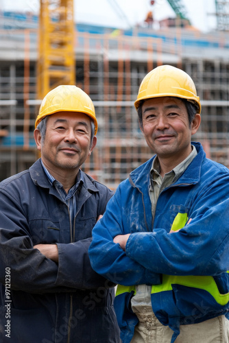 A Japanese building contractor and a worker, both looking pleased and confident, standing at a busy construction site. The background features scaffolding, cranes, and workers in the distance.