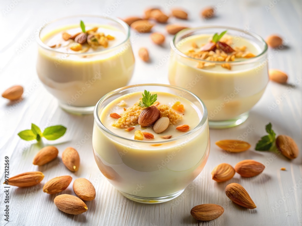A delicate serving of Baladiya pudding, adorned with a few sliced almonds, stands out against a bright and airy white background. A delicate serving of Baladiya pudding, adorned with a few sliced almonds, stands out against a bright and airy white background.