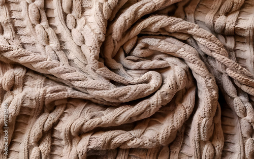 cozy knitted fabric, beige cable knit texture, intricate pattern, soft and warm, detailed textile, warm and inviting photo