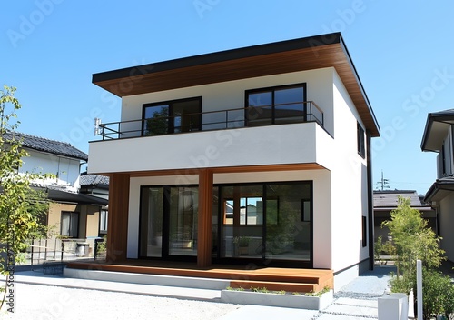 Modern White Two Story House With Balcony And Wooden Deck