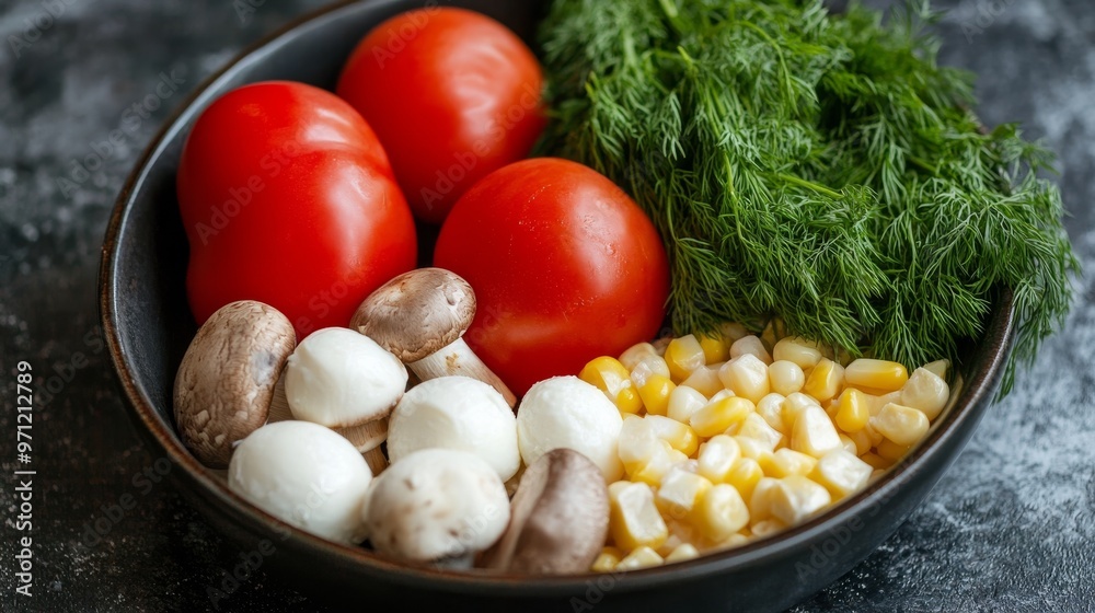 Dill, mozzarella, tomatoes for salad. Dill, mozzarella, tomatoes for salad.