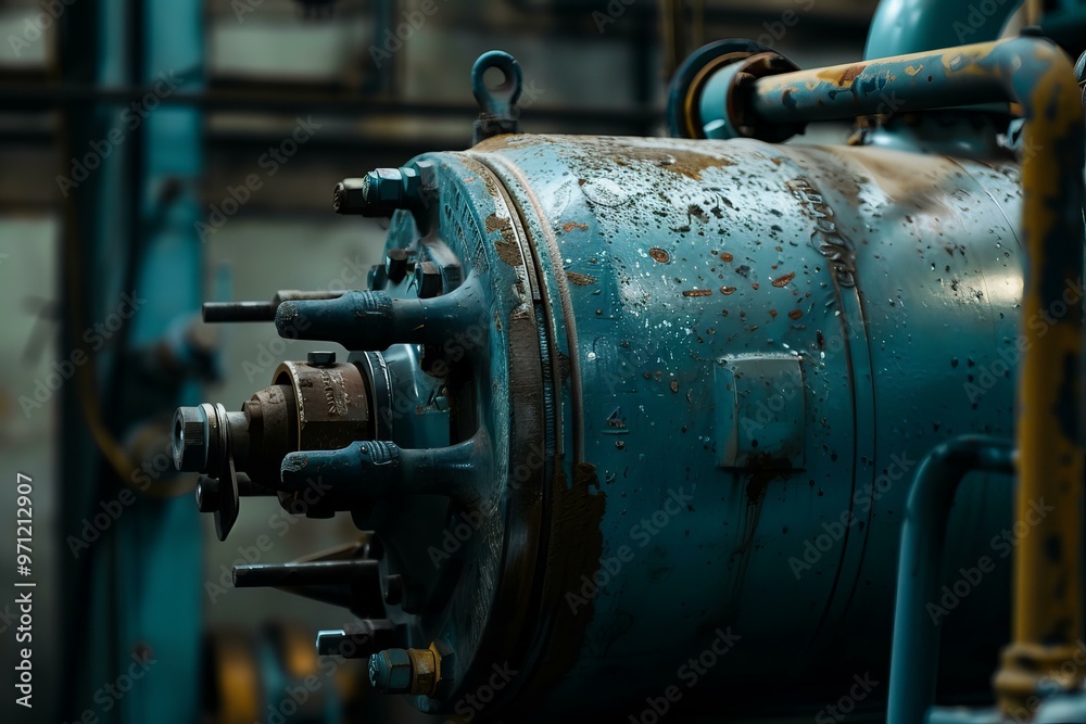 Old industrial machine showing signs of wear and tear, still in operation in a factory Old industrial machine showing signs of wear and tear, still in operation in a factory