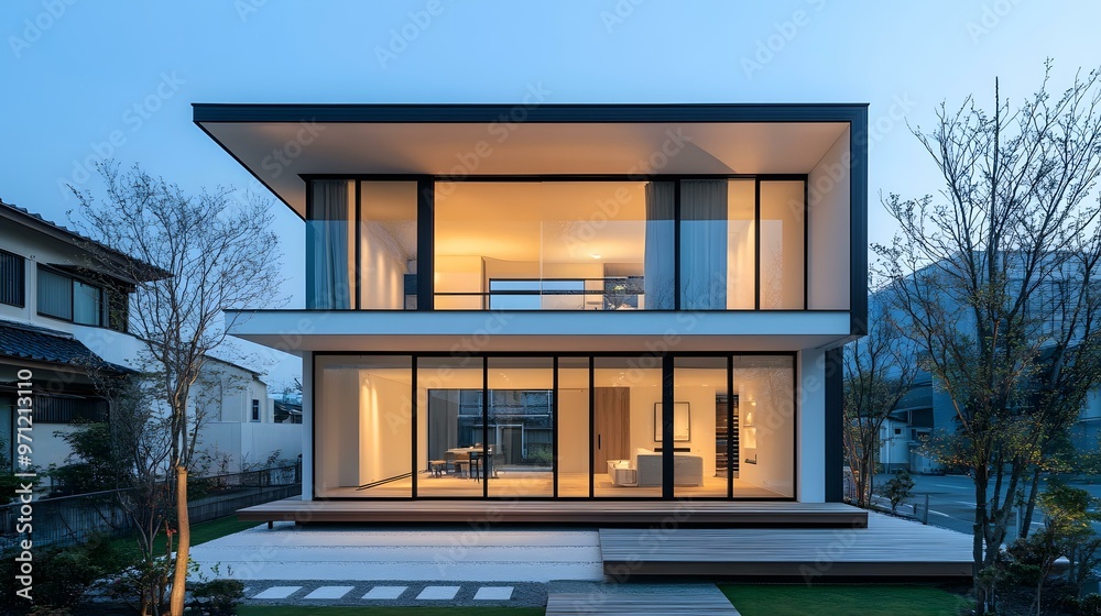 Fototapeta premium Modern Two Story House with Glass Facade and Deck in the Evening