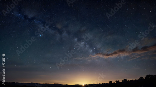 Stunning Meteor Shower Illuminating the Dark Night Sky, with Bright Shooting Stars from Space. A Breathtaking Milky Way Scene in a Serene Landscape Outside the City.