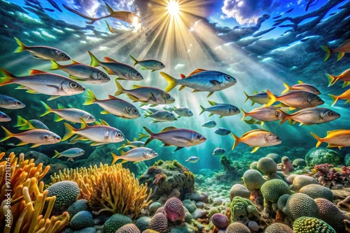 Vibrant underwater scene showcases schooling fish darting through coral reef, their iridescent scales shimmering in dappled sunlight filtering down through crystal-clear turquoise ocean waters. photo