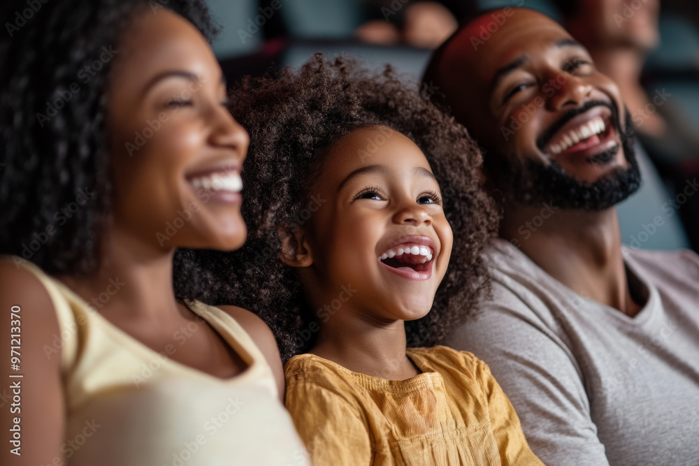 A joyful family of three, with the parents and their daughter, are seated together in a movie theater, smiling and enjoying the film. The daughter, sitting between her parents, laughs with delight, A joyful family of three, with the parents and their daughter, are seated together in a movie theater, smiling and enjoying the film. The daughter, sitting between her parents, laughs with delight,