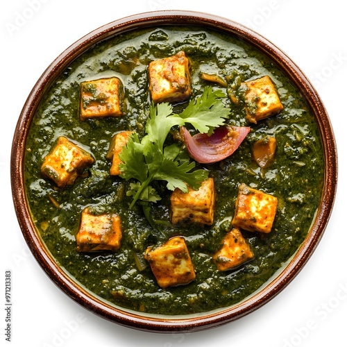 Delicious palak paneer dish with fresh cilantro garnish in a bowl photo