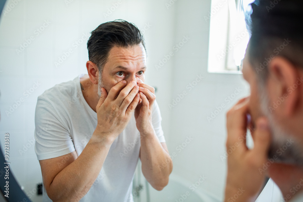 Man applying skincare in bathroom mirror Man applying skincare in bathroom mirror