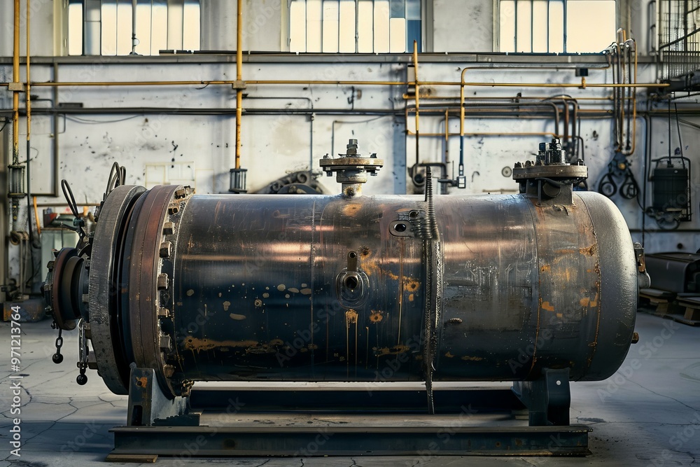 Large rusty industrial autoclave standing on a metal platform in an abandoned factory Large rusty industrial autoclave standing on a metal platform in an abandoned factory