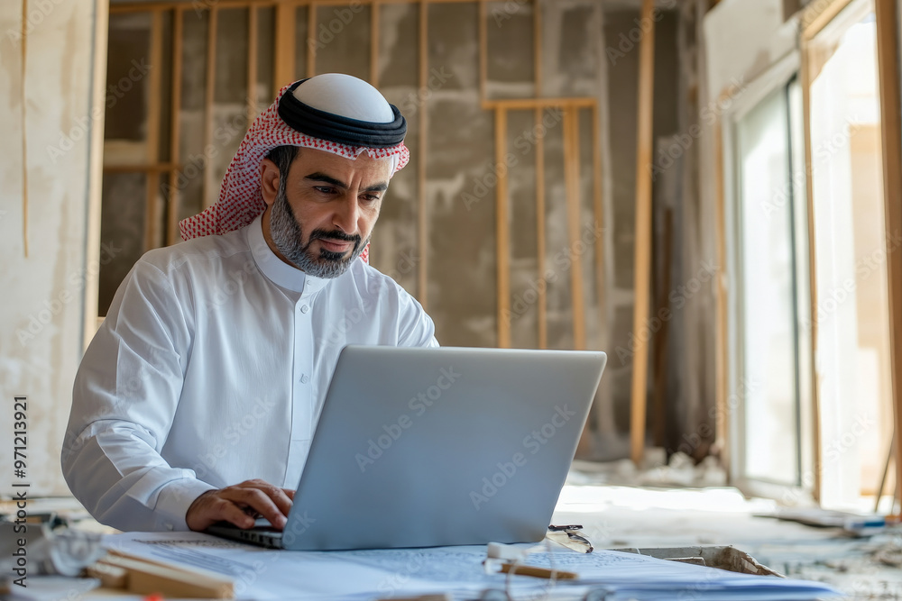 A middle-aged Arabic architect, with a serious expression, uses a laptop while overseeing a home renovation project. The setting includes partially completed rooms, construction tools, and design