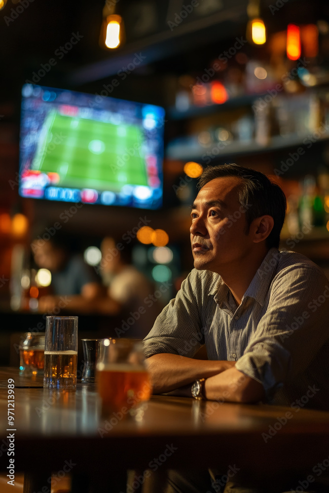 A middle-aged Asian sports fan, deeply engaged in watching a match on TV at a bar. The scene features a modern bar setup, patrons enjoying the game, and a high-definition TV displaying the match. A middle-aged Asian sports fan, deeply engaged in watching a match on TV at a bar. The scene features a modern bar setup, patrons enjoying the game, and a high-definition TV displaying the match.