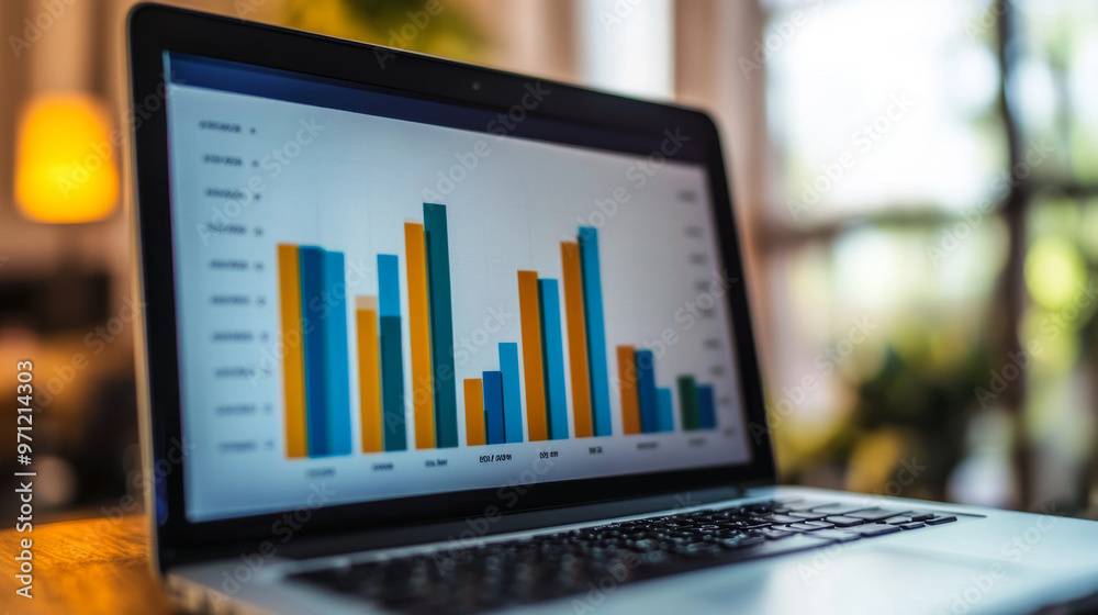 A bar chart on a laptop screen showing upward business trends