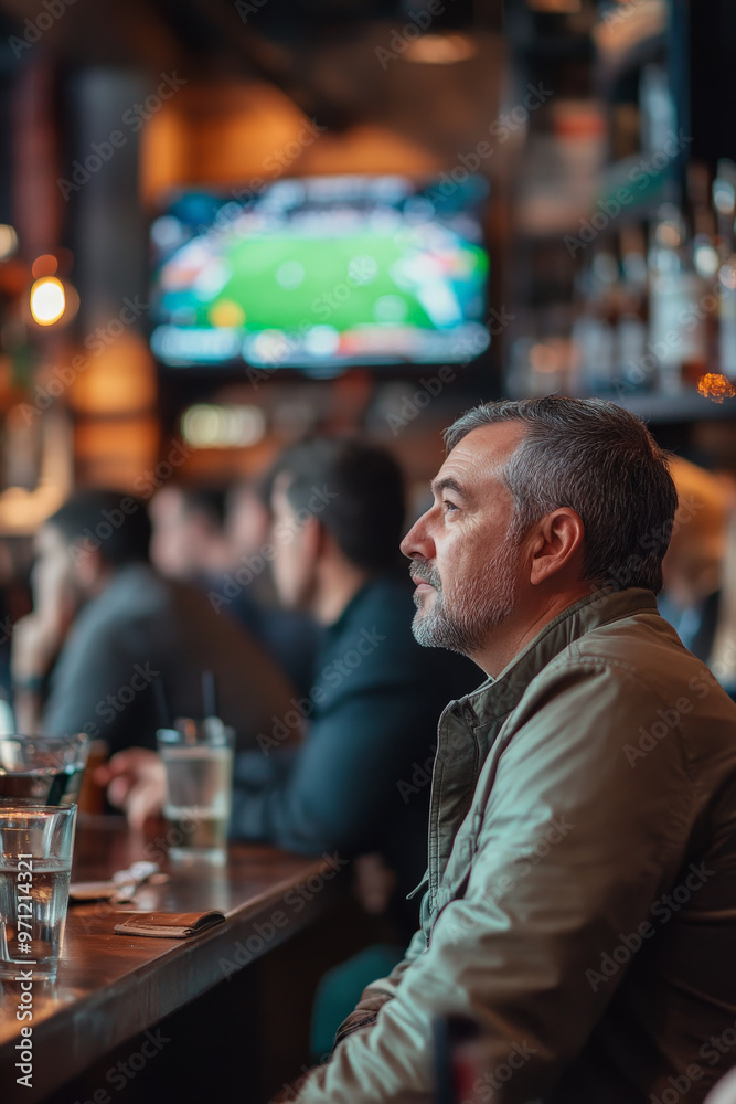A middle-aged Caucasian man, focused on a game shown on TV in a busy bar. The scene includes a modern bar setup, other patrons watching the game, and a high-definition TV screen.