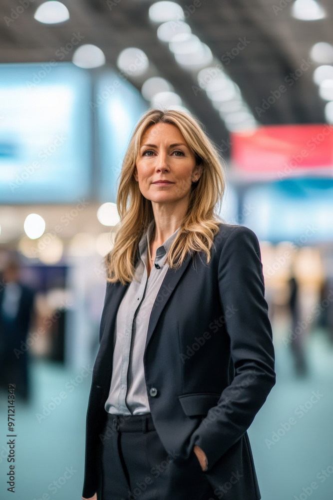A middle-aged Caucasian businesswoman, looking content and engaged, stands in a convention center. The background includes a well-organized conference area with large screens, exhibitors, and a A middle-aged Caucasian businesswoman, looking content and engaged, stands in a convention center. The background includes a well-organized conference area with large screens, exhibitors, and a