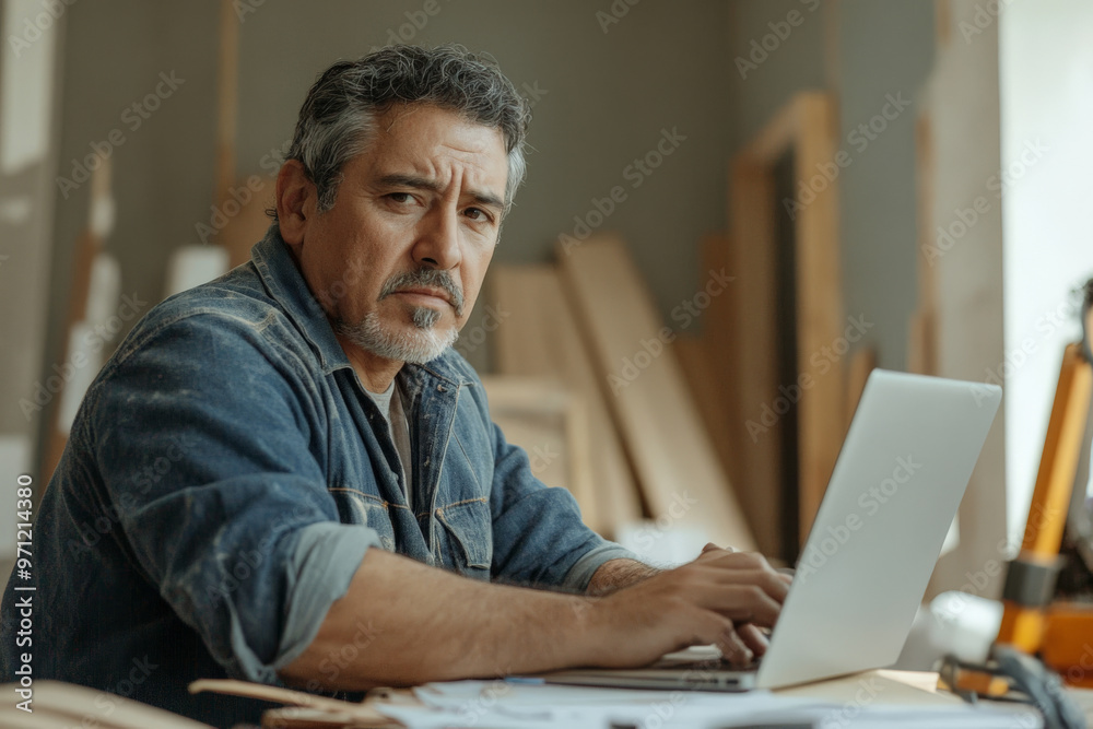 A middle-aged Hispanic architect, with a concentrated look, uses a laptop to manage a house remodeling project. The scene includes a work-in-progress room, blueprints, and construction equipment. A middle-aged Hispanic architect, with a concentrated look, uses a laptop to manage a house remodeling project. The scene includes a work-in-progress room, blueprints, and construction equipment.