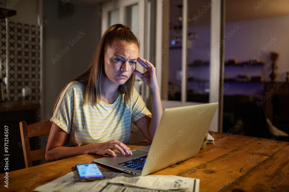 Woman stressed while working on laptop late at night Woman stressed while working on laptop late at night