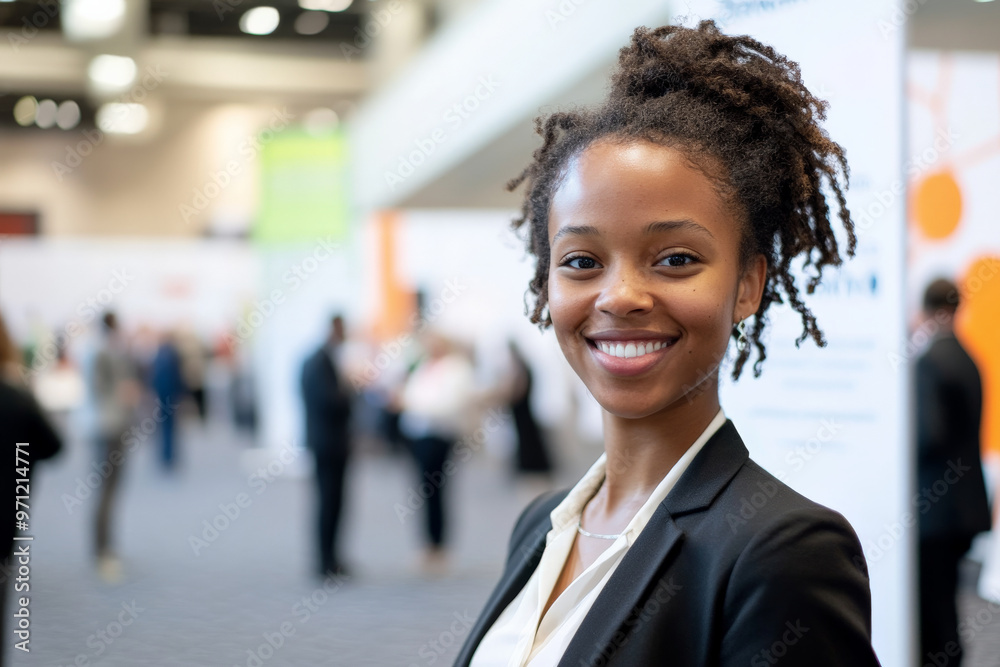 A young African American businesswoman, with a bright smile, poses confidently at a conference in a modern convention center. The background includes large banners, a crowd of attendees, and a A young African American businesswoman, with a bright smile, poses confidently at a conference in a modern convention center. The background includes large banners, a crowd of attendees, and a