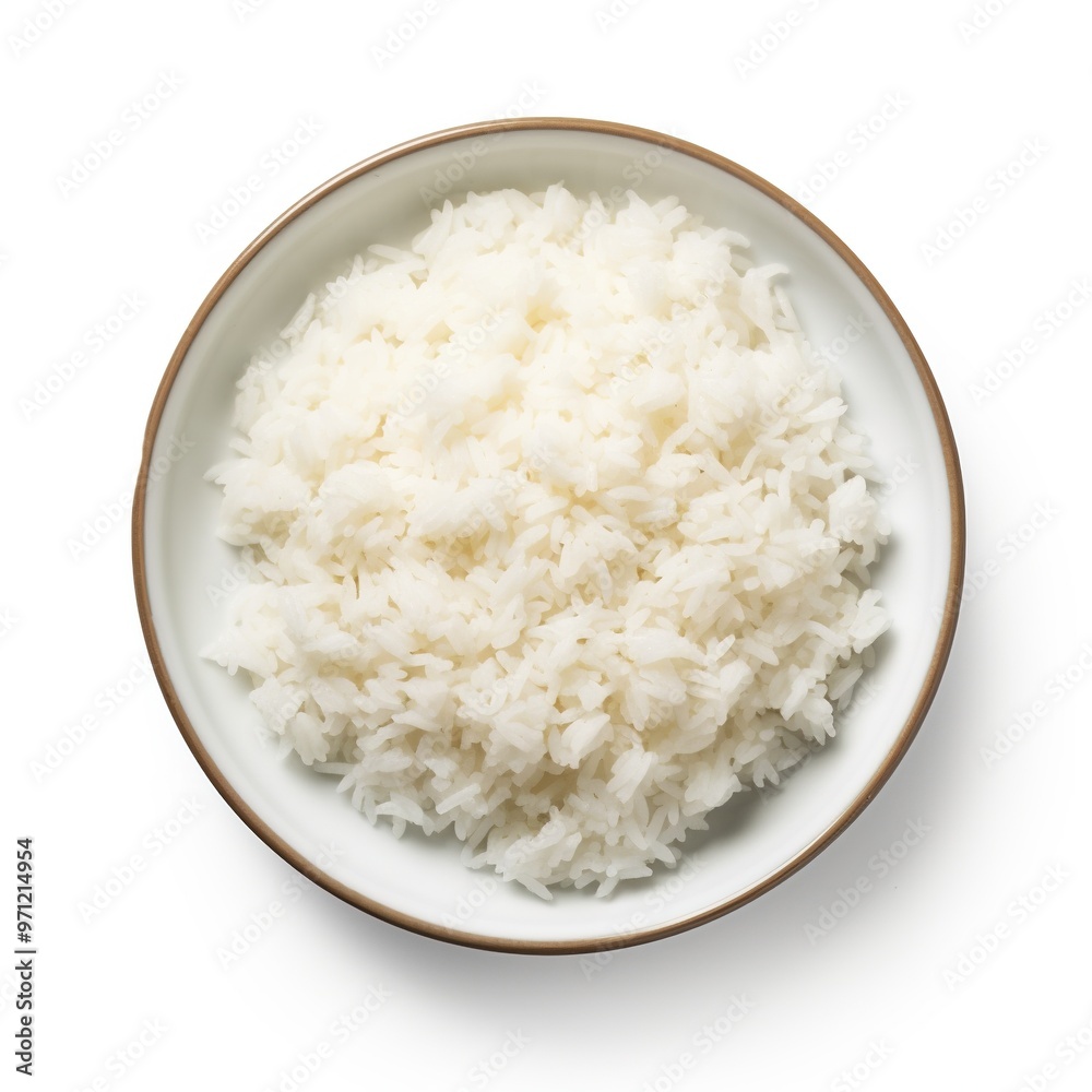 White rice on a white bowl top view isolated on a white background White rice on a white bowl top view isolated on a white background
