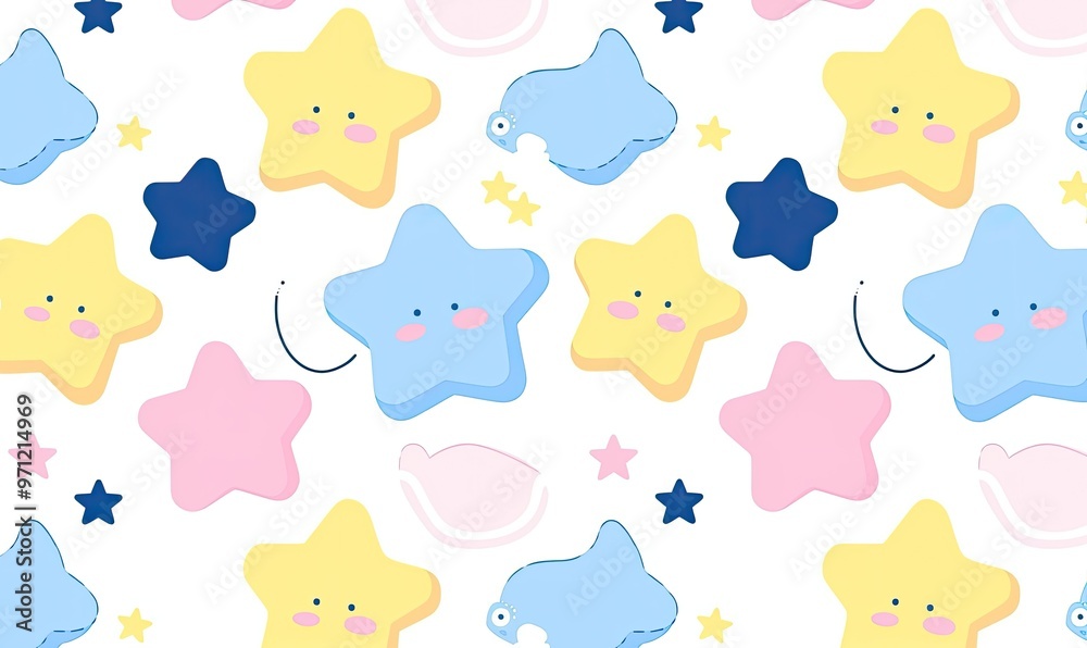 Fototapeta premium A cute pattern featuring colorful stars and playful shapes on a light background.