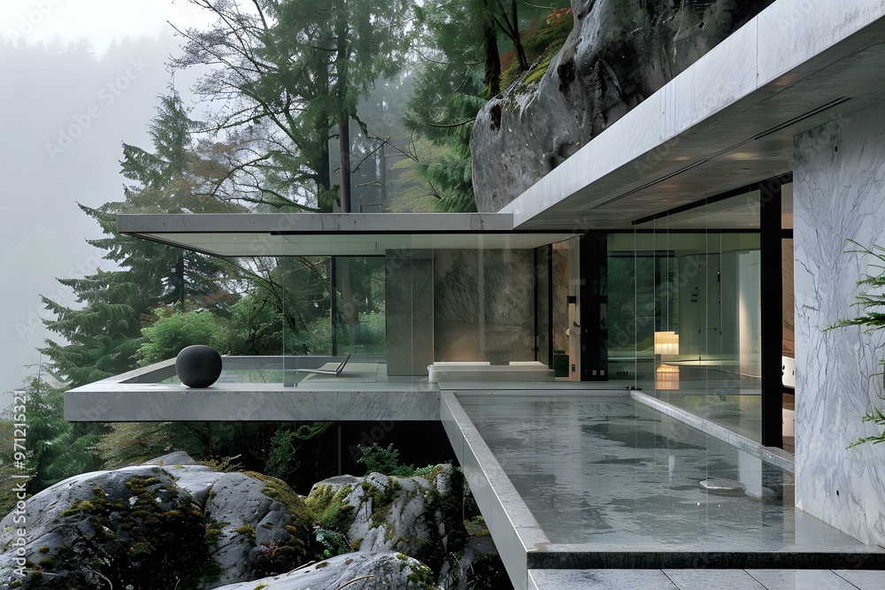 Fototapeta premium Modern House Built Into Cliffside With Pool And Mountain Views