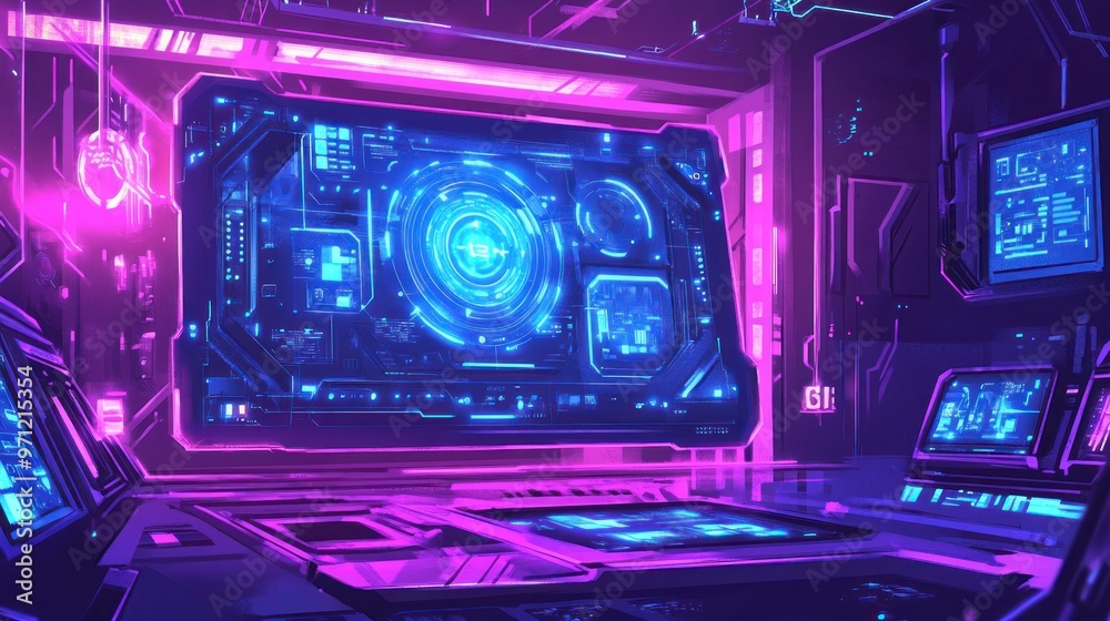 Futuristic control room with glowing screens and high-tech interfaces. Futuristic control room with glowing screens and high-tech interfaces.