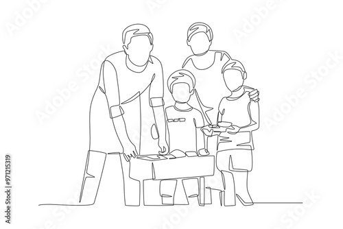 Family having a barbeque. Barbequing with friends or family concept one-line drawing