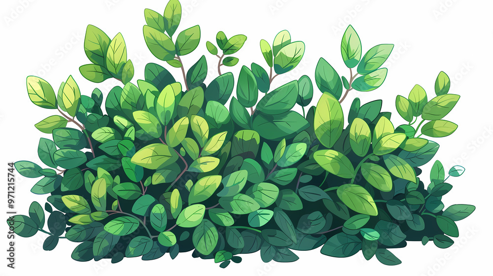 Cute green bush from the forest cartoon, isolated nature object for kids design. Branches and leaves of a fluffy bush isolated on a white background. Vector hand drawn illustration in paper cute style Cute green bush from the forest cartoon, isolated nature object for kids design. Branches and leaves of a fluffy bush isolated on a white background. Vector hand drawn illustration in paper cute style