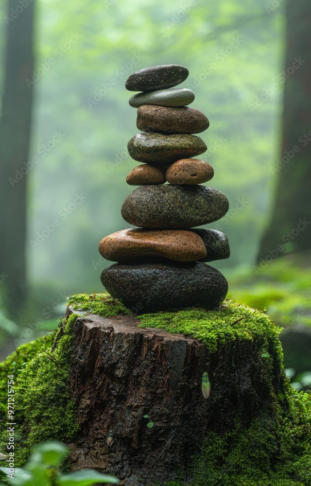 A Serene Stone Tower Balanced on a Moss-Covered Stump in a Tranquil Forest Setting A Serene Stone Tower Balanced on a Moss-Covered Stump in a Tranquil Forest Setting