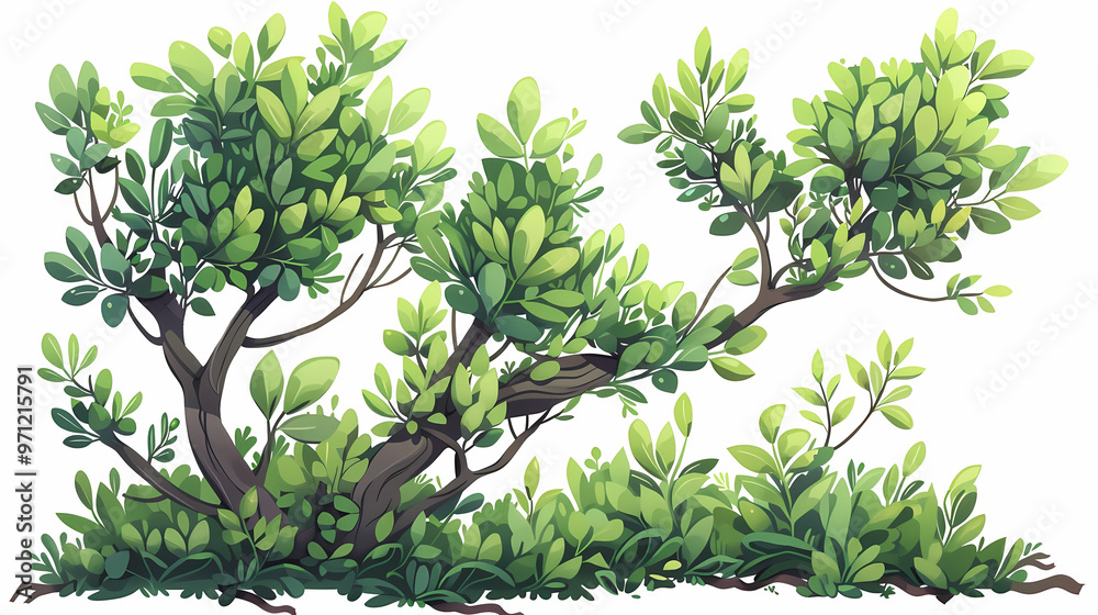 Fototapeta premium Cute green bush from the forest cartoon, isolated nature object for kids design. Branches and leaves of a fluffy bush isolated on a white background. Vector hand drawn illustration in paper cute style