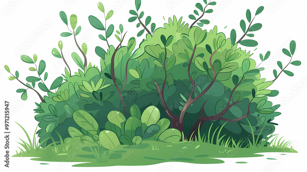 Cute green bush from the forest cartoon, isolated nature object for kids design. Branches and leaves of a fluffy bush isolated on a white background. Vector hand drawn illustration in paper cute style Cute green bush from the forest cartoon, isolated nature object for kids design. Branches and leaves of a fluffy bush isolated on a white background. Vector hand drawn illustration in paper cute style