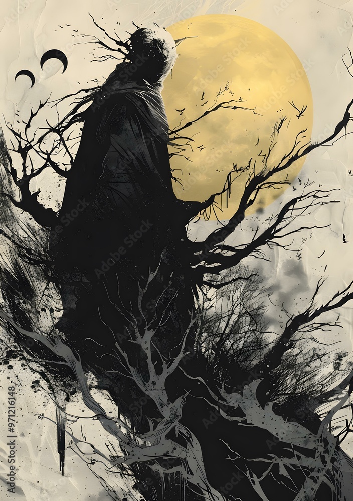 Fototapeta premium Dark Fantasy Art Illustration of a Man Standing in a Tree with a Full Moon in the Background