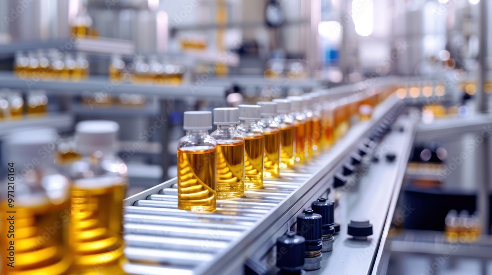 Perfume factory with automated conveyor system for cosmetic oil production. Concept Perfume Manufacturing, Automated Conveyor System, Cosmetic Oil Production, Fragrance Extraction Perfume factory with automated conveyor system for cosmetic oil production. Concept Perfume Manufacturing, Automated Conveyor System, Cosmetic Oil Production, Fragrance Extraction