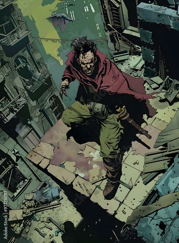 Man with a Knife on Rooftop in a Destroyed City