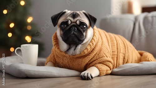 Cute pug dog in warm sweater at home. Concept of heating season photo